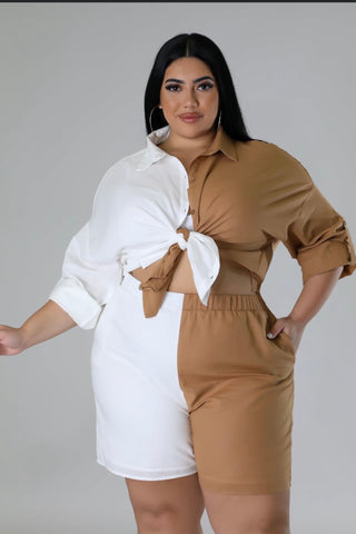 plus size tan and white colorblock short set front view button down shirt