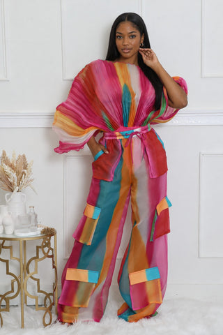 Prism Pleats multicolor pleated chiffon batwing bodysuit and sheer wide-leg cargo pants set, front view with drawstring waist