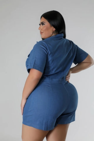 Woman wearing a blue romper 