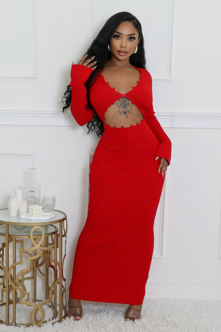 red long sleeve cutout sweater maxi dress for women