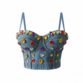 denim corset top with colorful jewel embellishments and adjustable straps