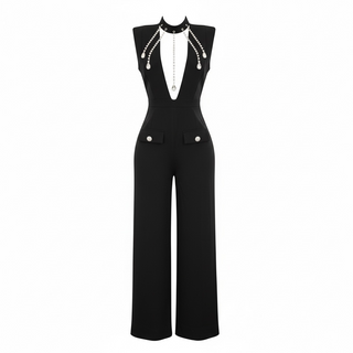 black wide leg jumpsuit rhinestone fringe deep v glam night out outfit women