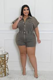 plus size stretch romper with collar and v neck design
