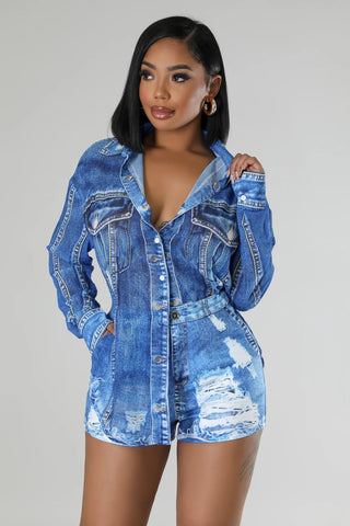 Woman wearing denim print two-piece shorts set boutique outfit