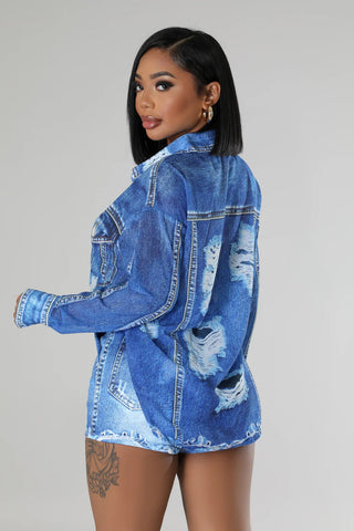 Trendy lightweight denim print summer two piece set