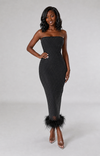 Front view of Starlight Entrance petite black rhinestone strapless dress with faux\-fur trimmed hem