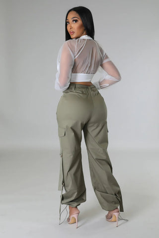 wide leg cargo pants with zipper accents and drawstring ankles
