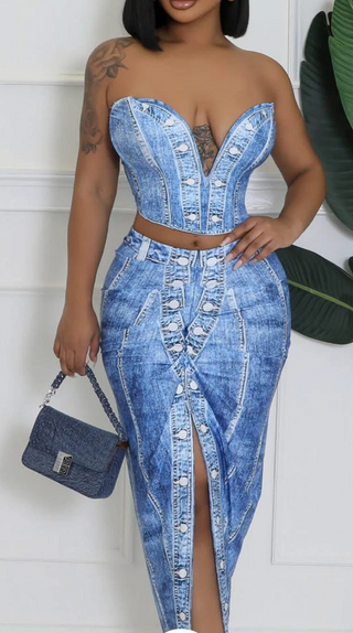 stylish boutique denim illusion set for date night and brunch
