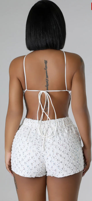 white rhinestone embellished shorts set front view halter top two piece outfit women boutique