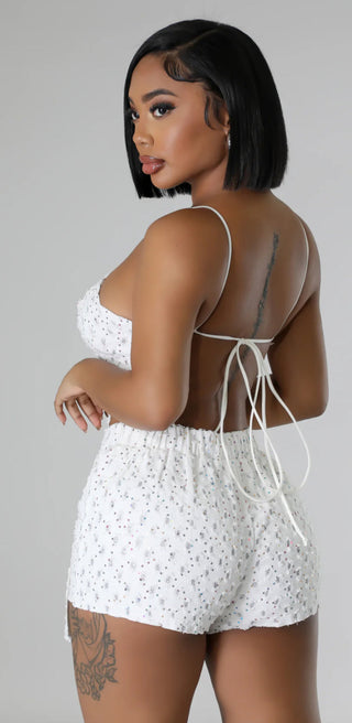 white embellished two piece shorts set side view halter neckline open back outfit women