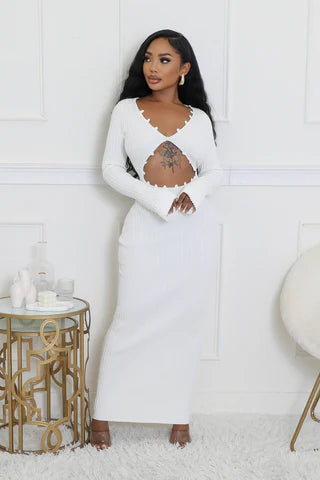 Stretch knit white maxi dress with waist cutout detail