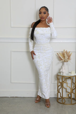 Ivory off shoulder lace bodysuit with long sleeves and fitted silhouette