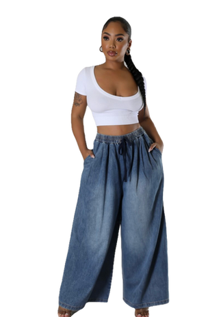women wide leg denim pants elastic waistband drawstring relaxed fit casual chic boutique jeans outfit