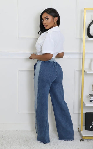 wide leg drawstring pants women denim stripe casual outfit
