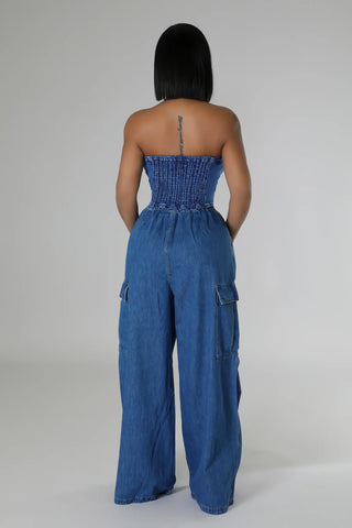 High waisted women’s denim cargo pants back view