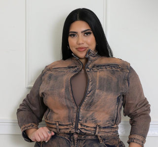 Front view of women’s mocha acid wash cropped denim jacket