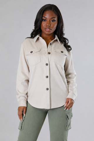  Women’s cream suede-feel button-up shirt with chest pockets