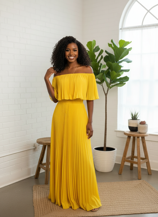 Tall girls only - yellow maxi pleated dress with pockets