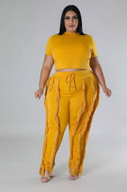 mustard fringe two piece pants set plus size